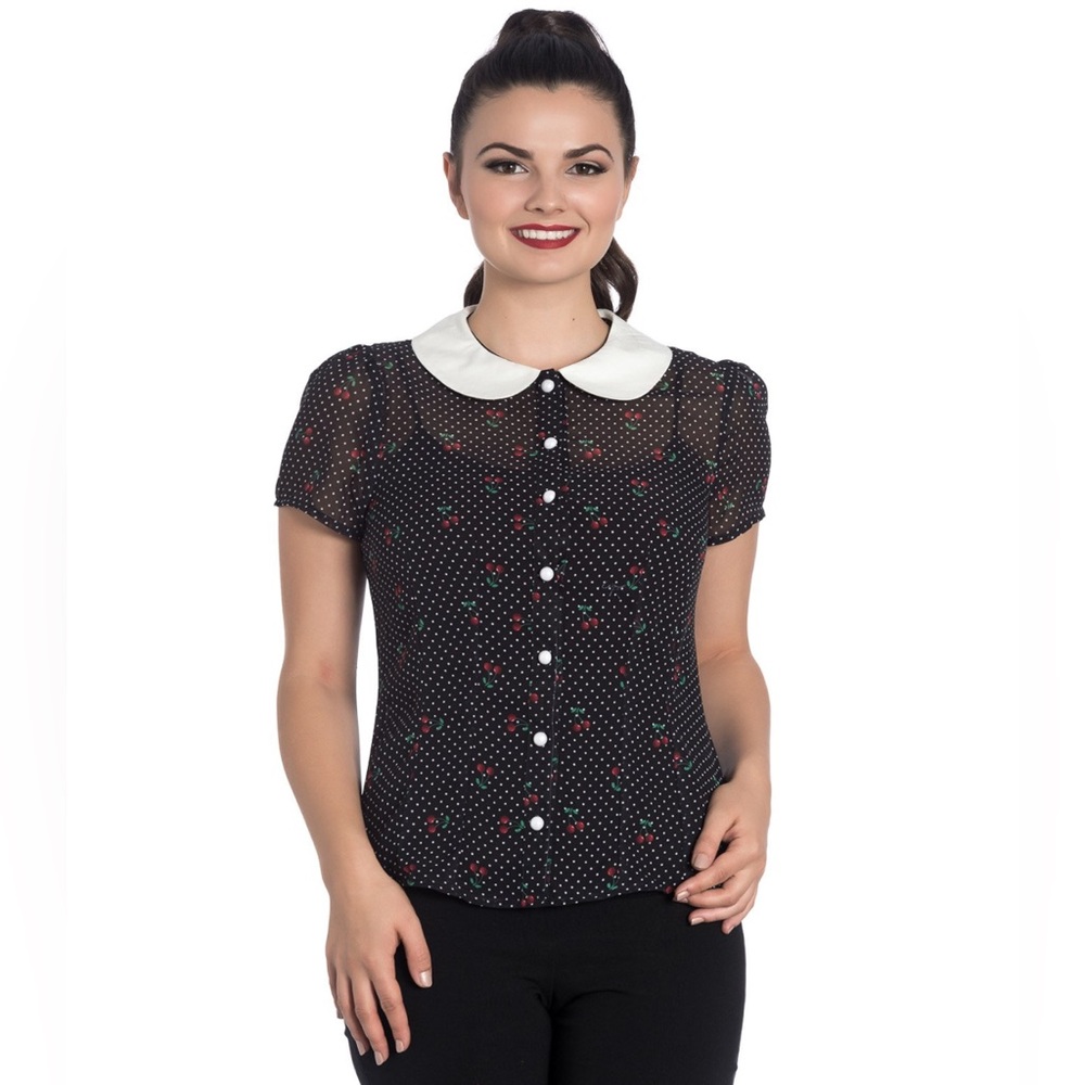 Hell Bunny Sophie Cherry Polka Dot Vintage Style Chiffon Blouse